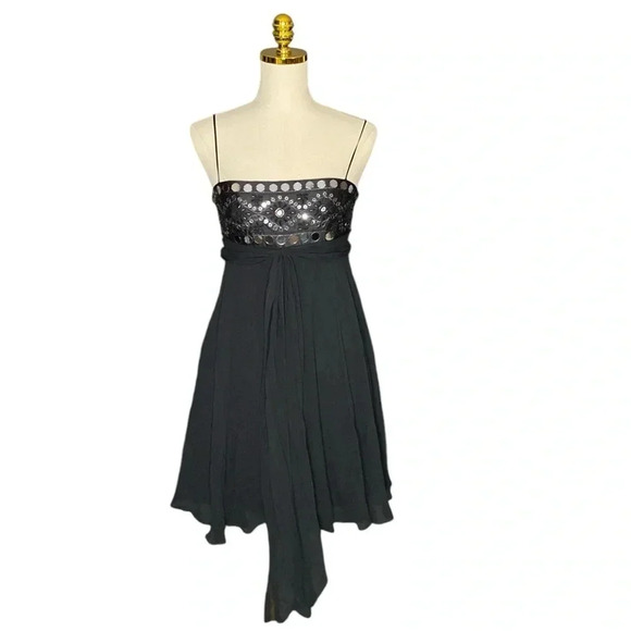 BCBGMaxazria Y2K Black 100% Silk Spaghetti Strap Fit & Flare Party Dress Size 4 - Picture 8 of 13